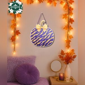 Purple Gold Tiger Stripes Pumpkin Louisiana Wall Art Decor Fall Door Hanger Sign